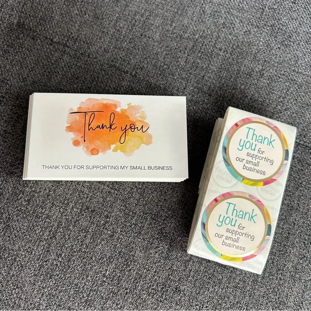25 THANK YOU Business Cards + 25 Stickers, Starter Set, Watercolor, ORANGE